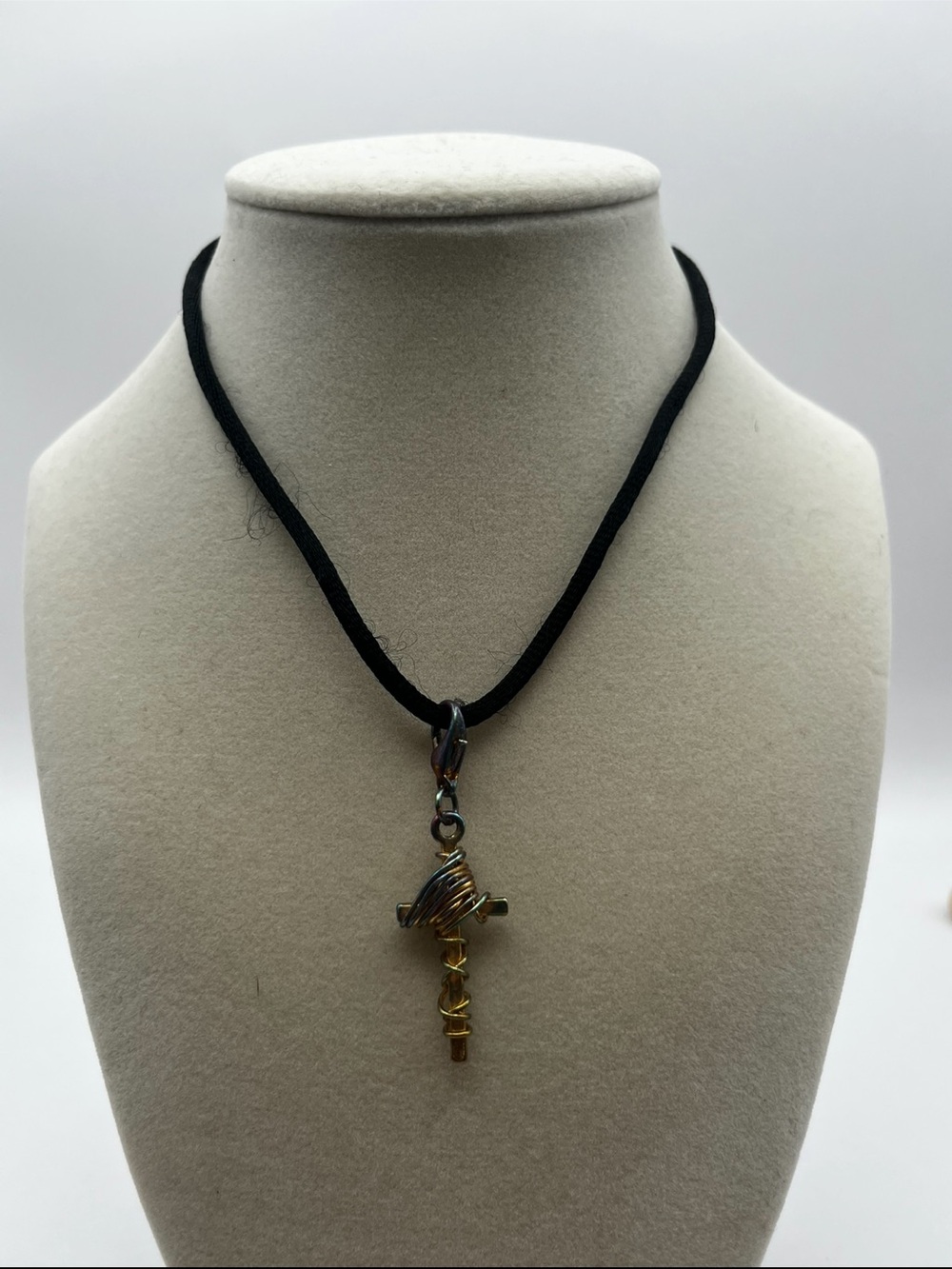 Artisan Mixed Metal Wire Wrapped Pendant Necklace Black Cord Abstract Boho